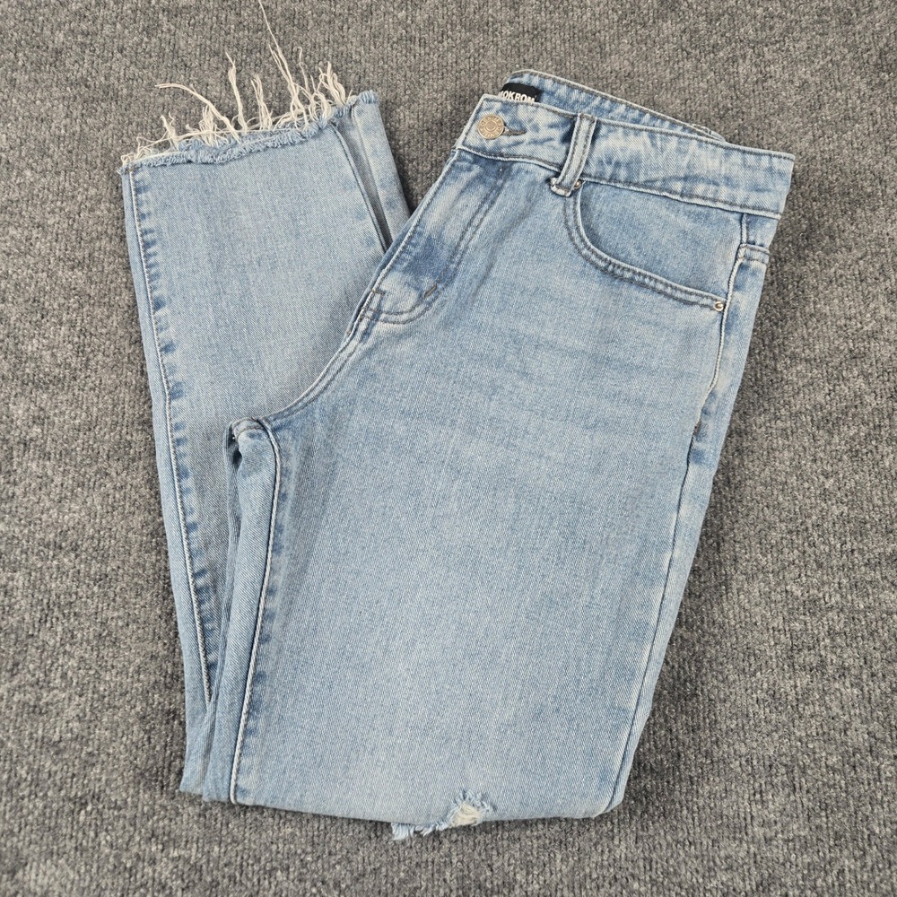 Momokrom Jeans Womens US 8 Blue Distressed Ripped Raw Straight Leg